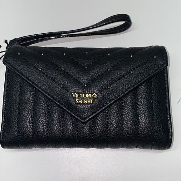 NEW Victoria's Secret V-Quilt Metallic Wallet w/ Wrist Strap black bag - Picture 2 of 7